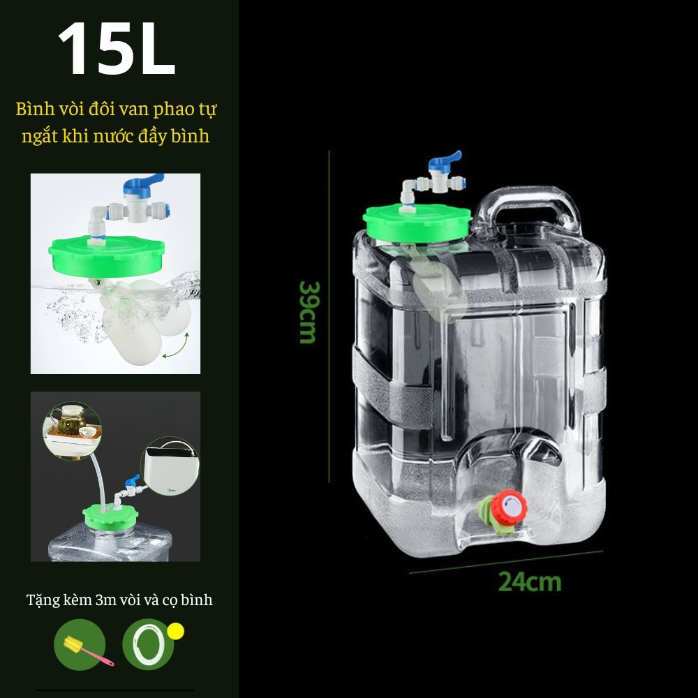 Bình Nước Trong Suốt 5L/7L/10L/15L/20L/24L Can Đựng Nước Cắm Trại Dã Ngoại Kèm Vòi Dự Phòng + Nắp Đậy + Ống Nối Dài + Cọ Bình