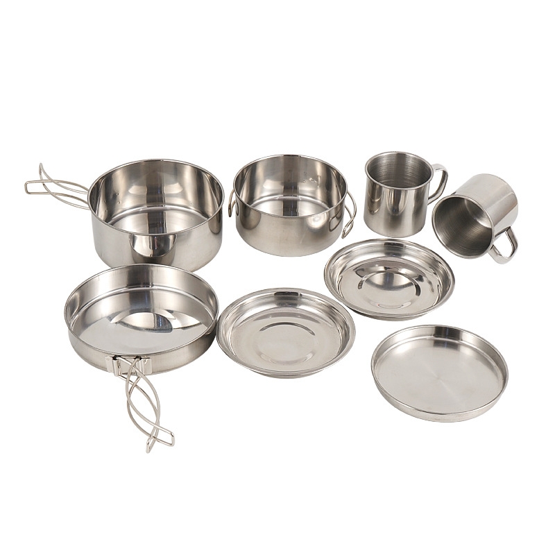 Bộ nồi inox 8 món ngoài trời cắm trại di động bộ bát nướng nồi nướng gấp 5-6 nấu ăn người chính hãng CLS