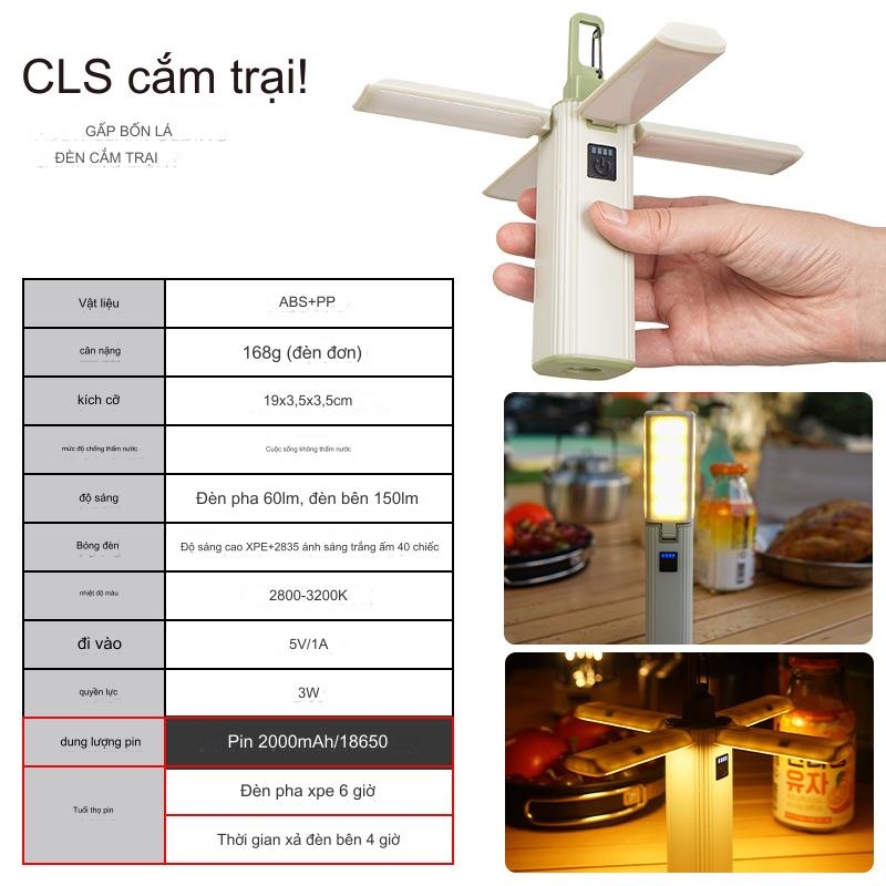 Đèn LED Treo Lều Da Năng Gấp Gọn 4 Cánh, Đèn Pin Kiêm Sạc Dự Phòng Chống Thấm Nước Cắm Trại Dã Ngoại