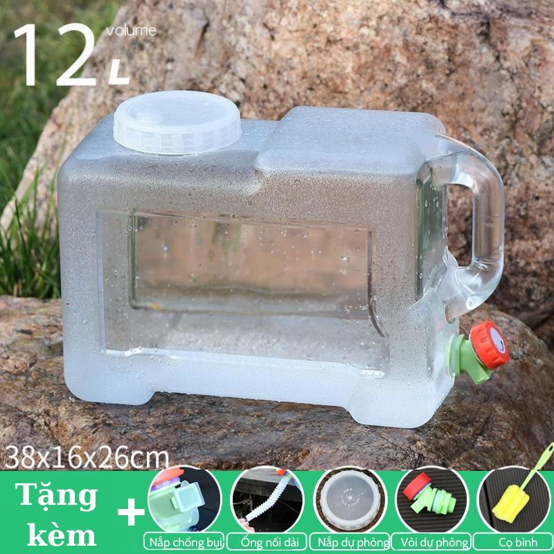 Bình Nước Trong Suốt 5L/7L/10L/15L/20L/24L Can Đựng Nước Cắm Trại Dã Ngoại Kèm Vòi Dự Phòng + Nắp Đậy + Ống Nối Dài + Cọ Bình