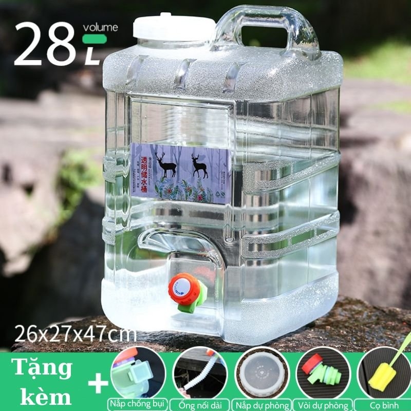Bình Nước Trong Suốt 5L/7L/10L/15L/20L/24L Can Đựng Nước Cắm Trại Dã Ngoại Kèm Vòi Dự Phòng + Nắp Đậy + Ống Nối Dài + Cọ Bình