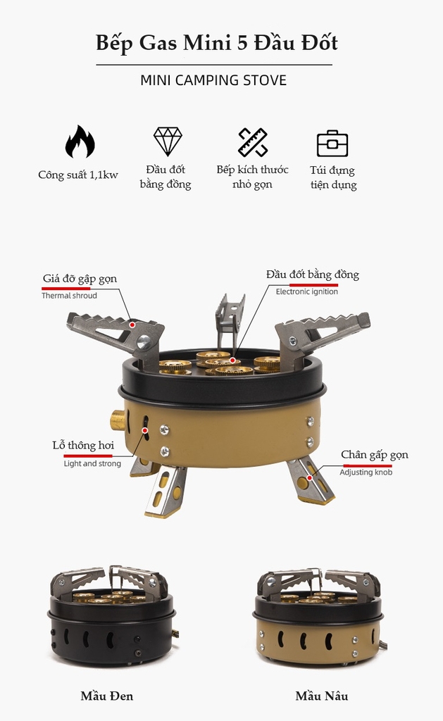 Bếp Gas Mini Gấp Gọn 5 Đầu Đốt Có Hộp Đựng Chuyên Dụng Cắm Trại, Dã Ngoại, Du Lịch Kiểu Dáng Hiện Đại, Chất Lượng Cao