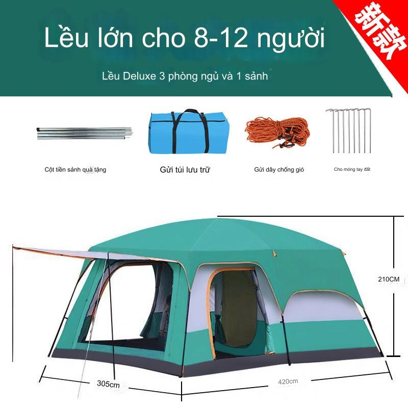 Lều cắm trại nhiều phòng ngủ cho 4-12 người lều dã ngoại du lịch 2 lớp không gian rộng thông thoáng chống nước gió muỗi