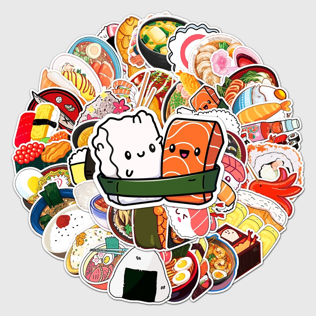 50 tấm dán Sticker đồ ăn Nhật Bản không thấm nước dán laptop, điện thoại, nón bảo hiểm, xe, điện thoại, vali...