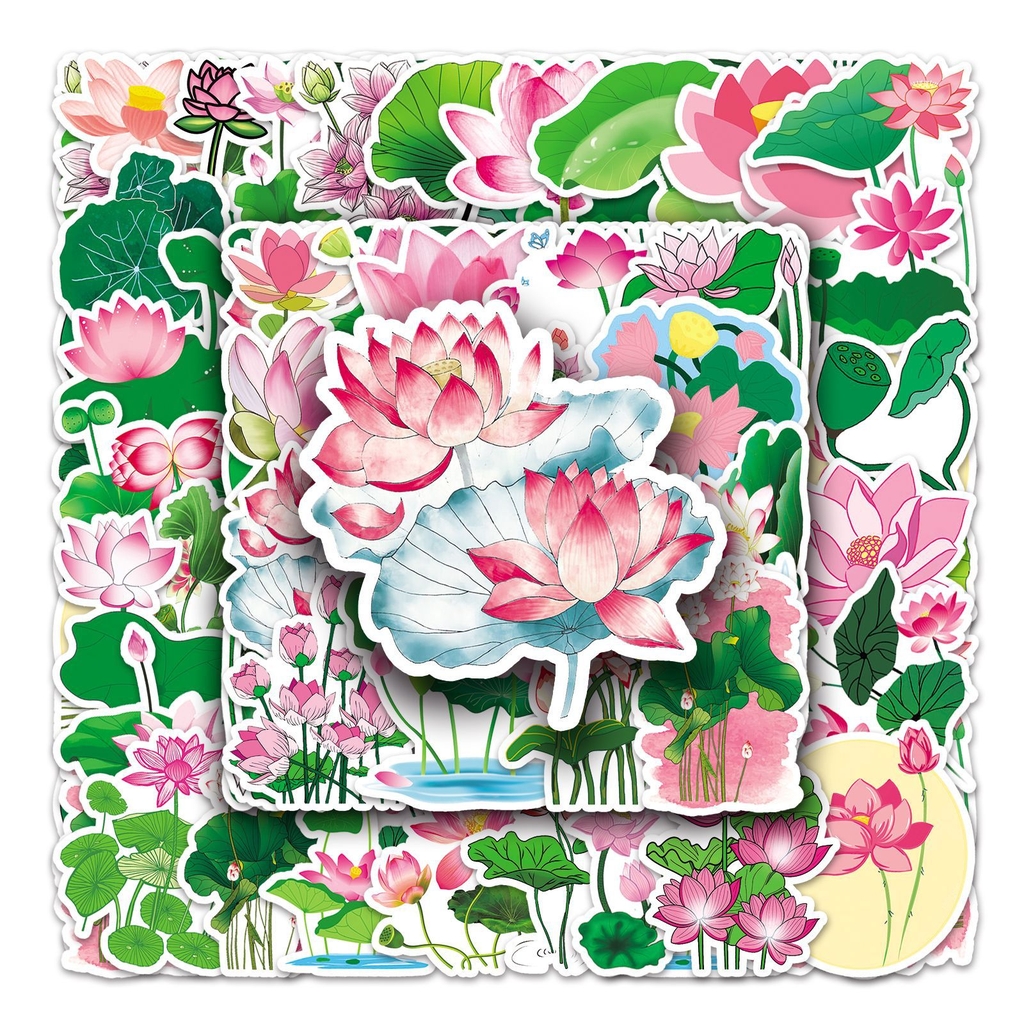 50 tấm dán Sticker Hoa Sen không thấm nước dán laptop, điện thoại, nón bảo hiểm, xe, điện thoại, vali...