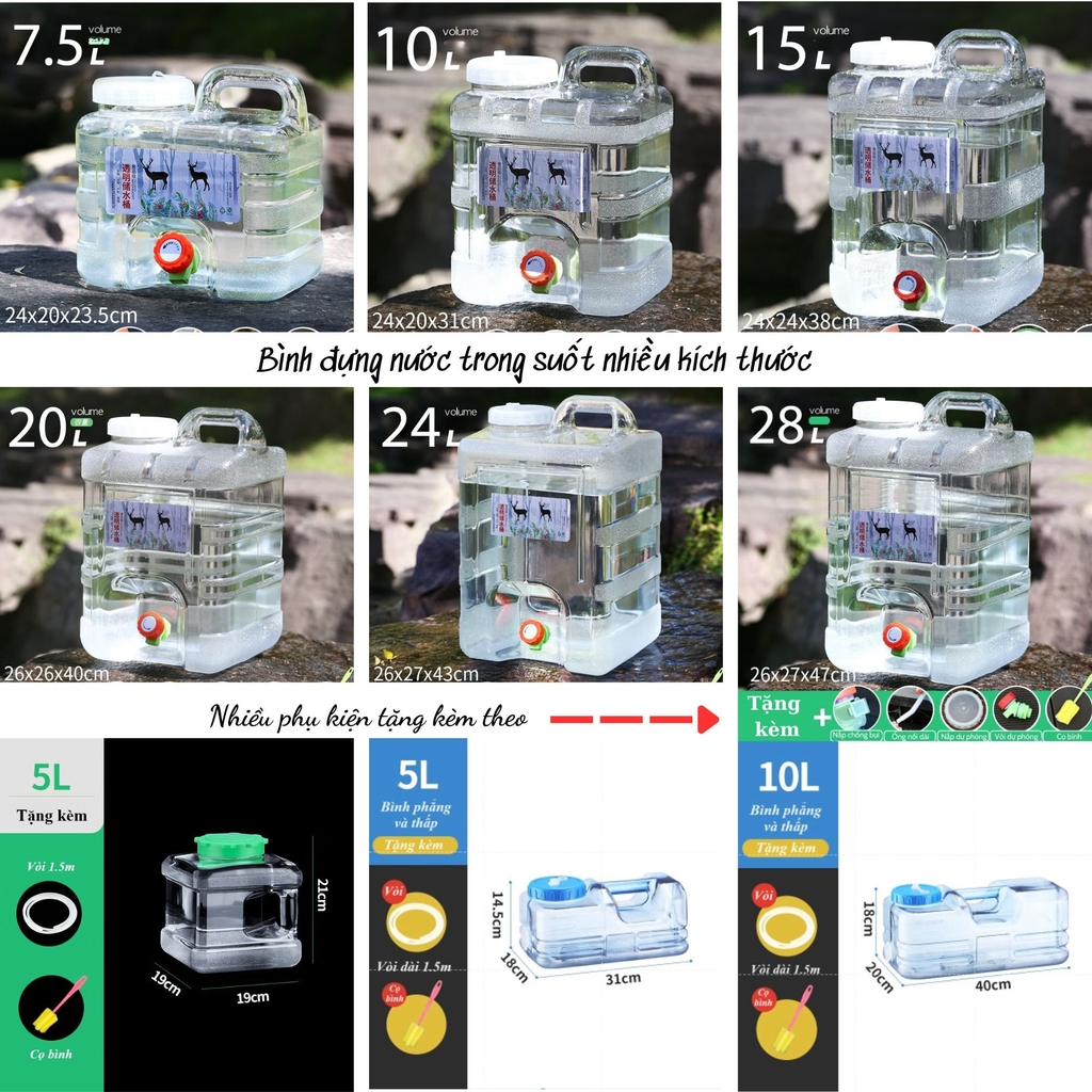 Bình Nước Trong Suốt 5L/7L/10L/15L/20L/24L Can Đựng Nước Cắm Trại Dã Ngoại Kèm Vòi Dự Phòng + Nắp Đậy + Ống Nối Dài + Cọ Bình