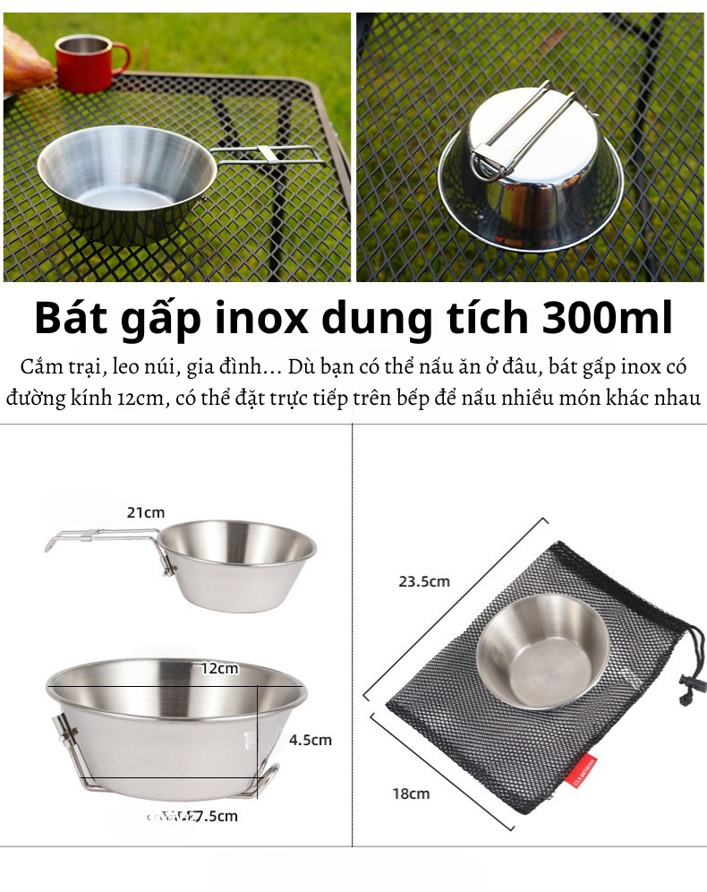 Bát gấp bằng thép không gỉ Chén/ Bát gấp gọn di động bát cơm siêu nhẹ inox 304, chén đi phượt.