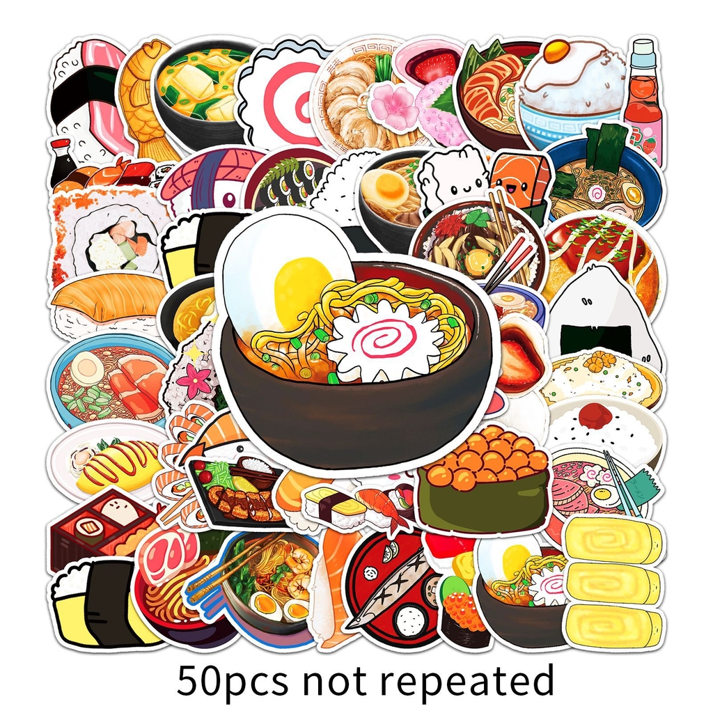 50 tấm dán Sticker đồ ăn Nhật Bản không thấm nước dán laptop, điện thoại, nón bảo hiểm, xe, điện thoại, vali...