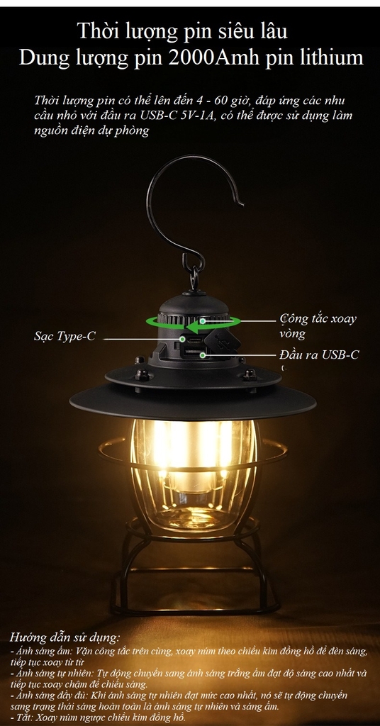 Đèn cắm trại chiếu sáng ngoài trời kiểu dáng cổ điển sang trọng sử dụng pin sạc nhiều chế độ sáng chống nước chính hãng
