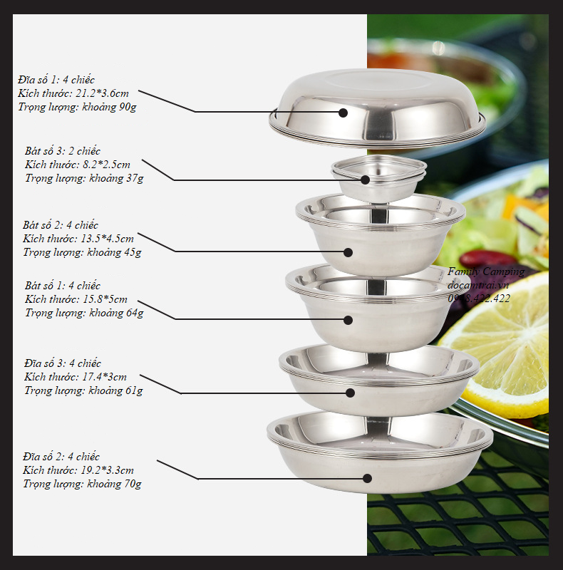 Bộ bát đĩa inox xếp gọn 22 chiếc có túi đựng cắm trại, dã ngoại, du lịch, nhà bếp chính hãng CLS