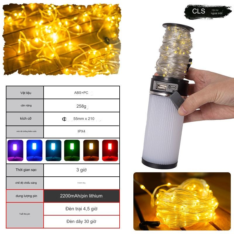 Đèn trang trí dây đèn di động dài 15 mét với đèn LED, dùng để trang trí lều cắm trại làm sáng không gian ngoài trời