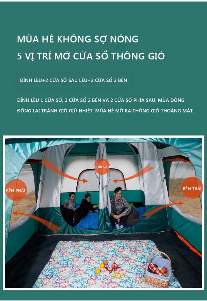 Lều cắm trại nhiều phòng ngủ cho 4-12 người lều dã ngoại du lịch 2 lớp không gian rộng thông thoáng chống nước gió muỗi