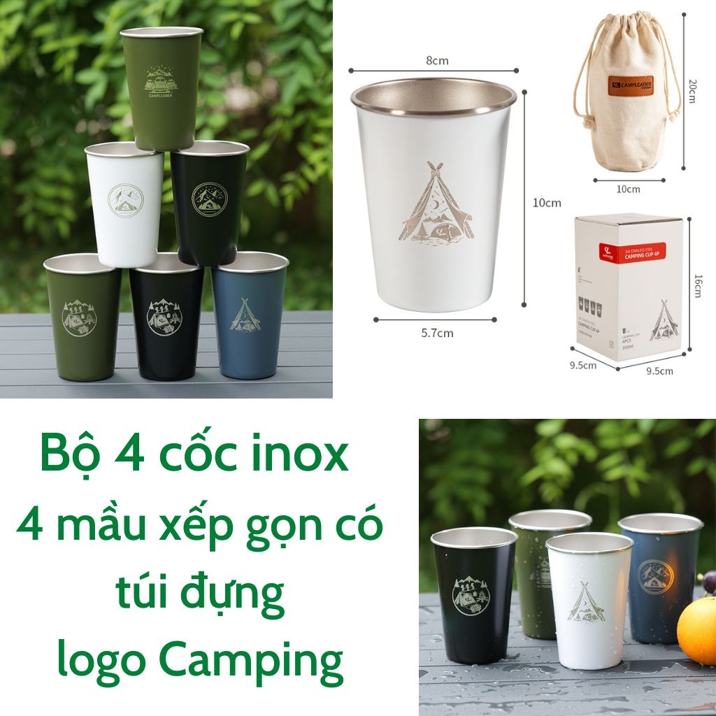 Bộ cốc inox xếp gọn có túi đựng phong cách dân tộc dùng đi cắm trại, dã ngoại, trong nhà, văn phòng chính hãng