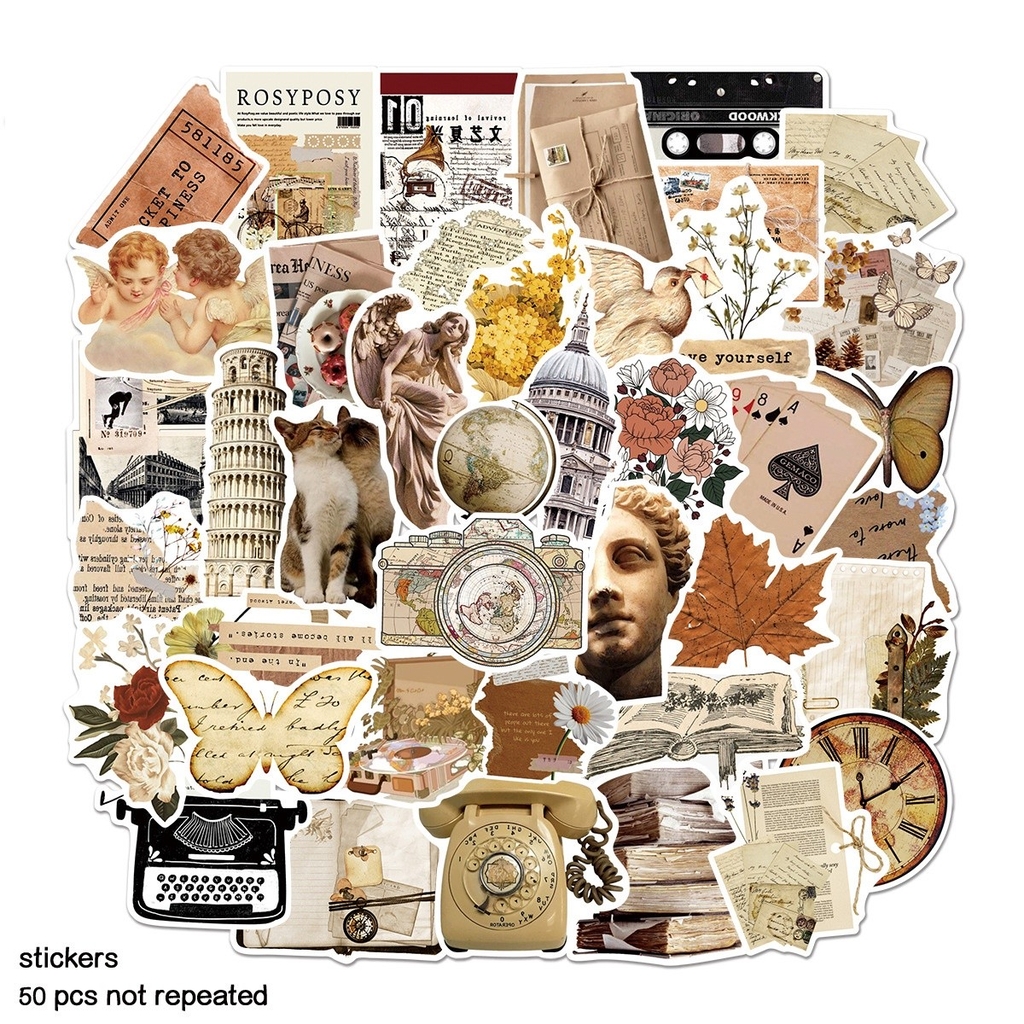 50 hình dán Sticker nghệ thuật cổ điển Vintage không thấm nước dán laptop, nón bảo hiểm, xe, điện thoại, vali...