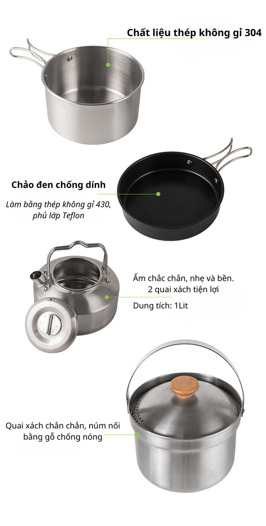 Bộ nồi ấm chảo inox gấp gọn CLS