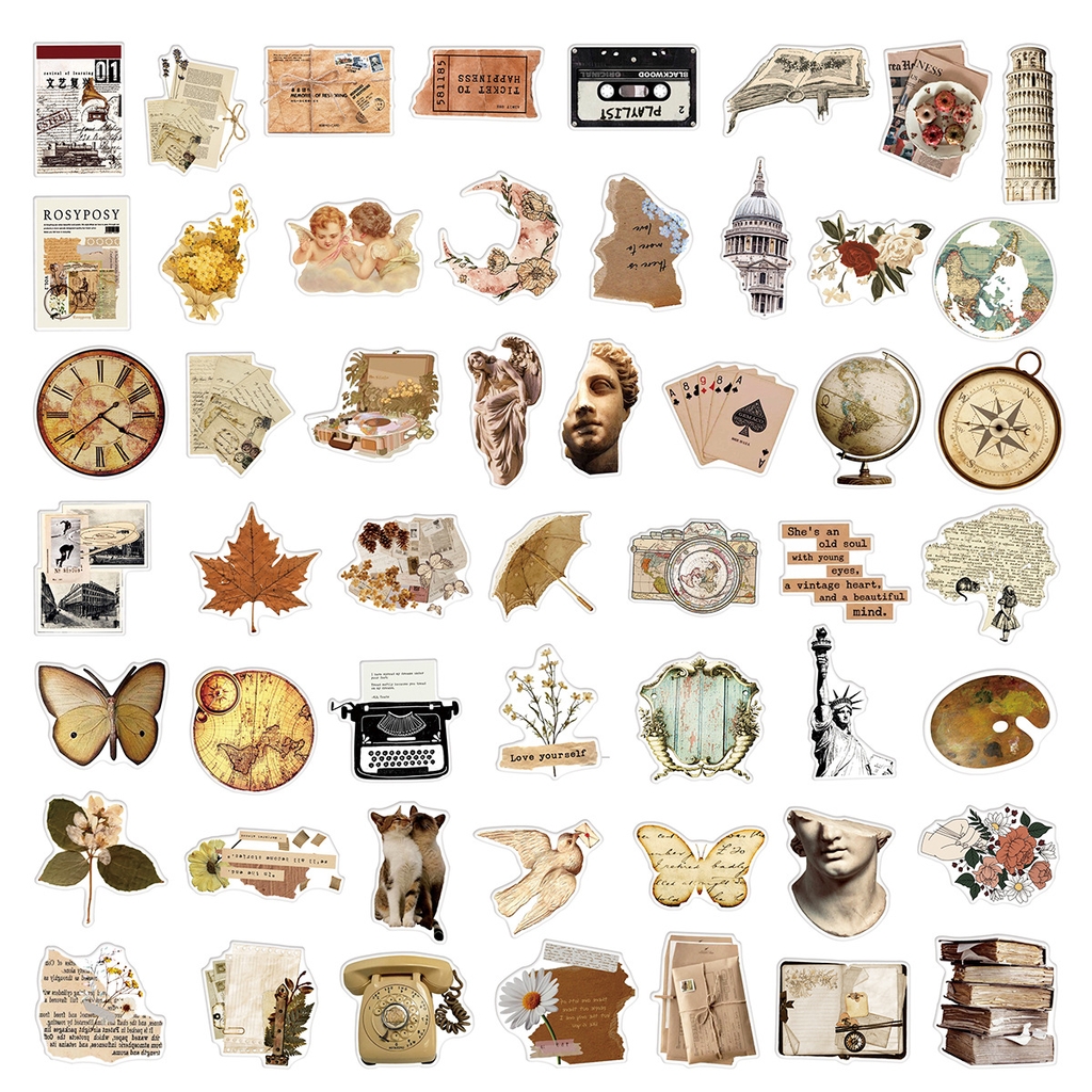50 hình dán Sticker nghệ thuật cổ điển Vintage không thấm nước dán laptop, nón bảo hiểm, xe, điện thoại, vali...