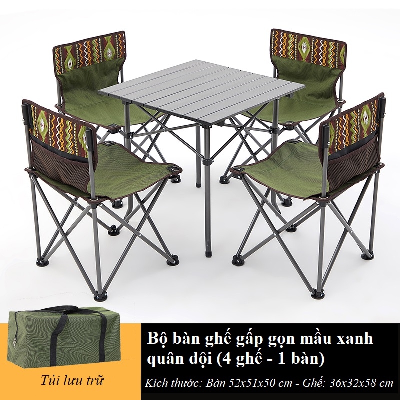Bộ bàn ghế gấp gọn cắm trại dã ngoại kiểu sáng thanh lịch gọn gàng 4 ghế 1 bàn