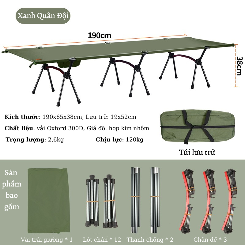 Giường gấp siêu gọn nhẹ, siêu bền hợp kim nhôm, giường gấp gọn có túi đựng, giường cắm trại văn phòng