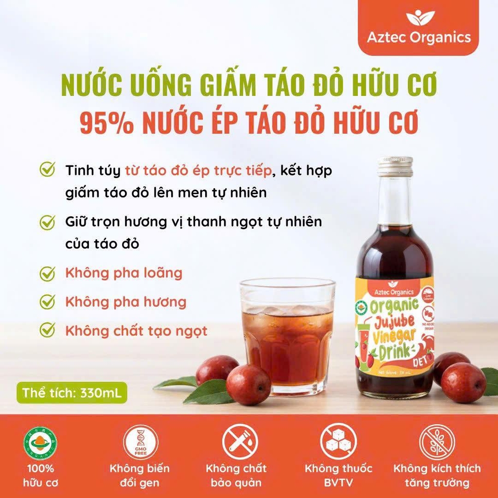 Aztec Organics Nước Uống Giấm Táo Đỏ hữu cơ - 95% Nước ép Táo Đỏ hữu cơ 330ml
