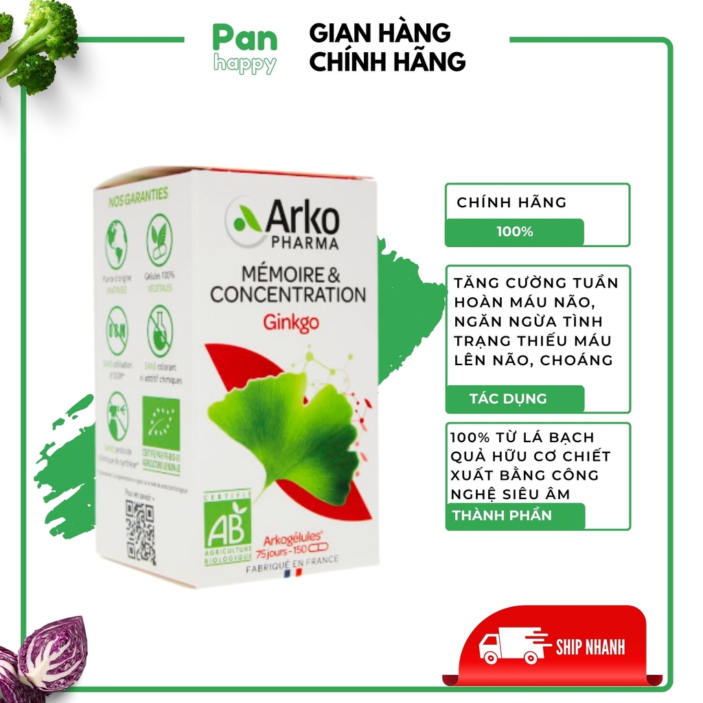 ARKOPHARMA Ginko Tuần Hoàn Máu Não, Cải Thiện Trí Nhớ Từ Lá Bạch Quả Hữu Cơ 150 viên
