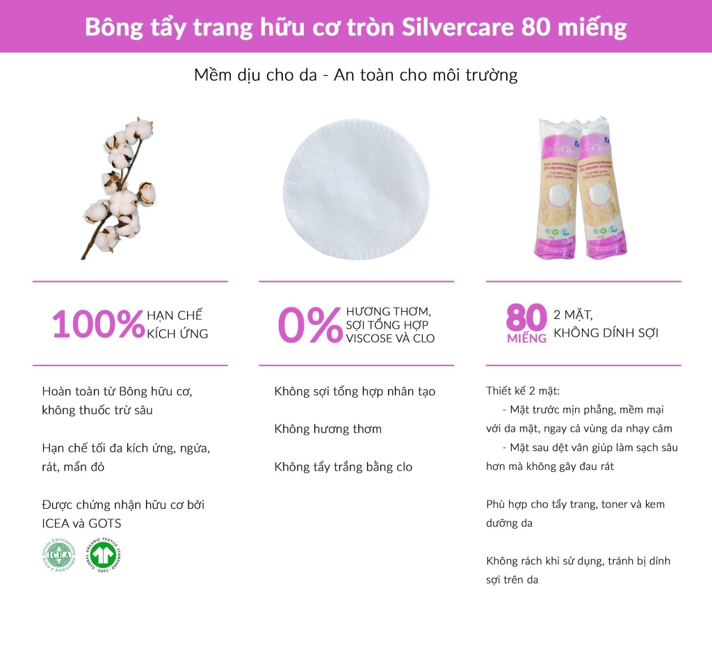 SilverCare Bông Tẩy trang Hữu cơ 80 miếng