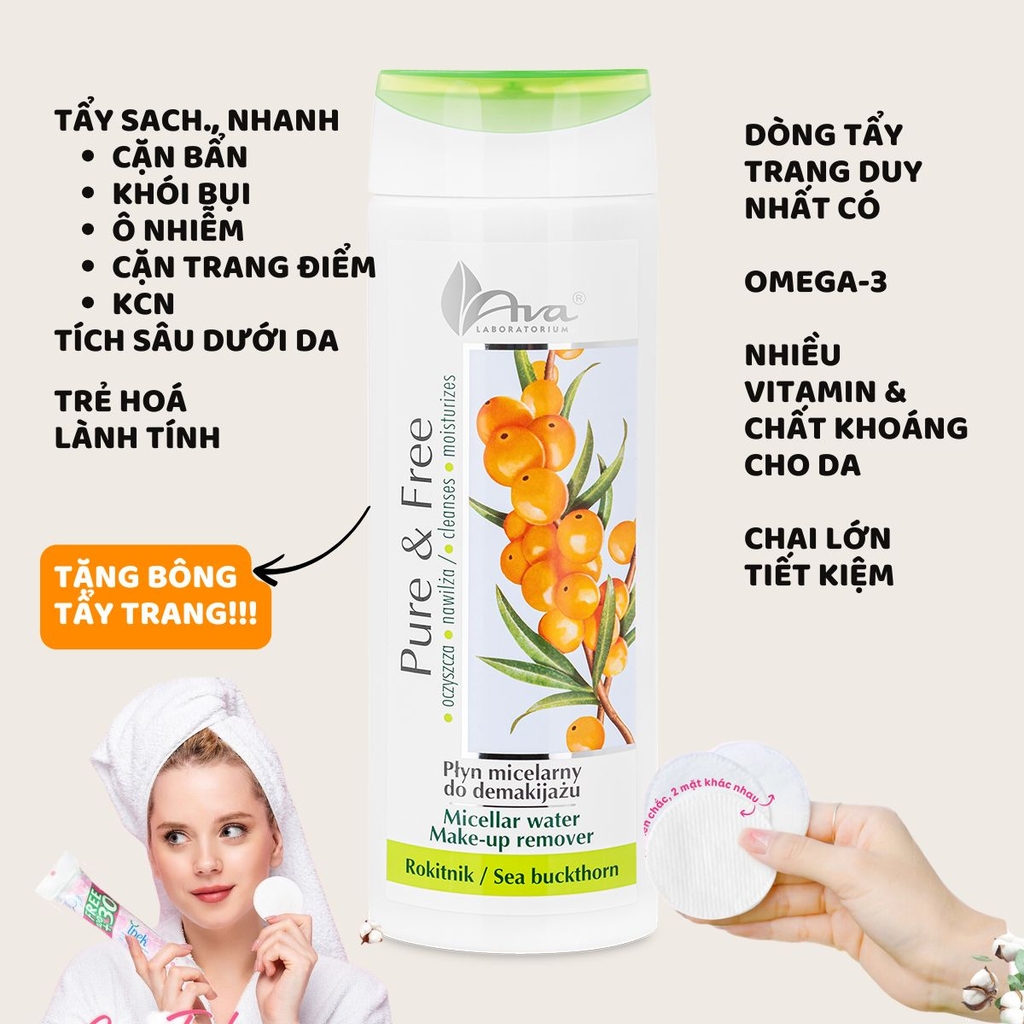 [Tặng 150 Miếng BTT] AVA LABORATORIUM Pure&Free Micellar Wateer Tẩy trang Hắc Mai Biển 250ml