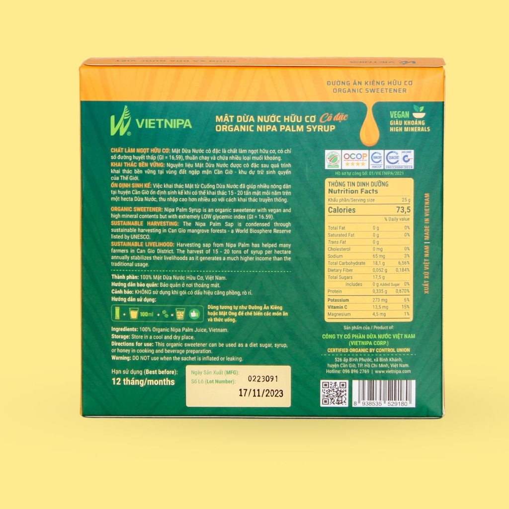 VIETNIPA Mật Dừa hữu cơ ăn kiêng - 30 gói