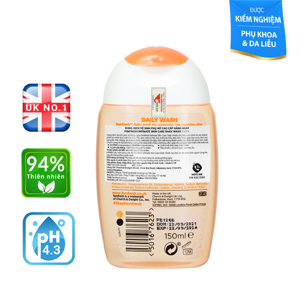 DDVS cao cấp FemFresh daily intimate wash 150ml (Màu cam)