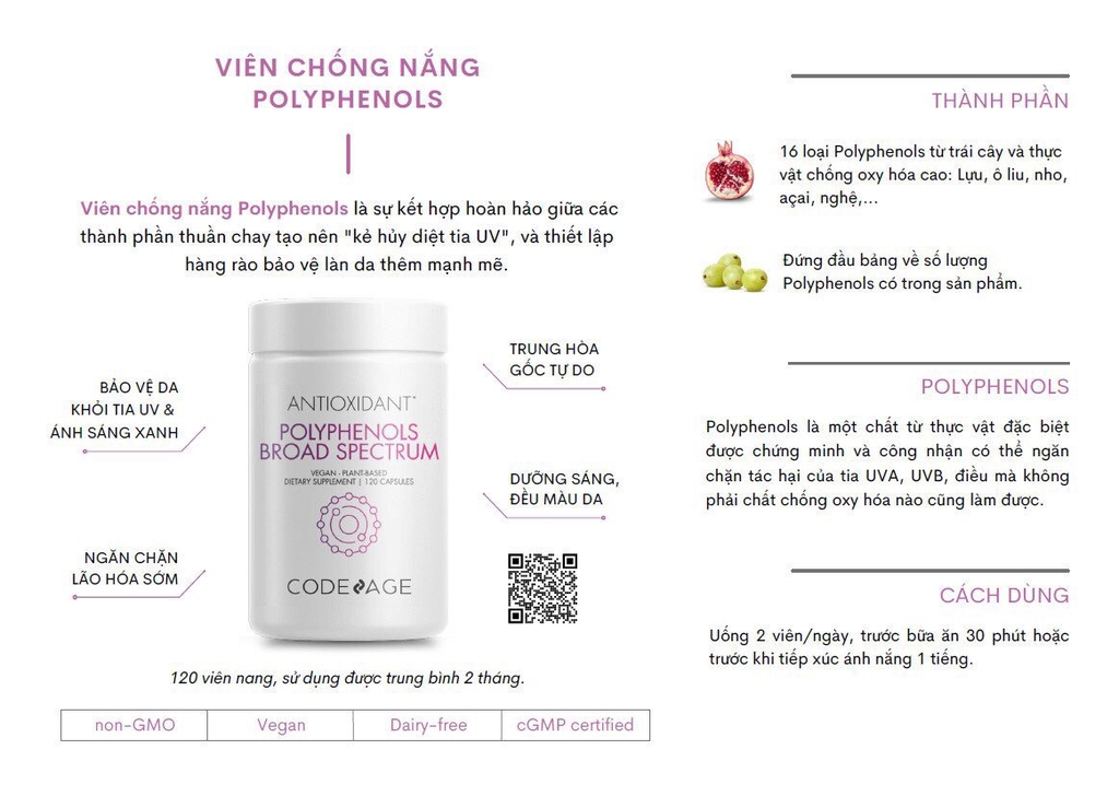 Viên chống nắng Polyphenols Broad Spectrum Codeage Mỹ 120 viên