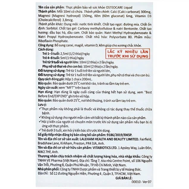 Vitabiotics Osteocare Canxi Magie D3 Kẽm 200ml