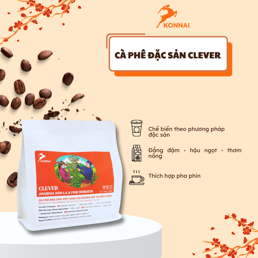 Cà phê đặc sản Arabica Sơn La Robusta Tây Nguyên nguyên chất đậm đà hậu vị ngọt pha phin pha máy CLEVER Konnai Coffee