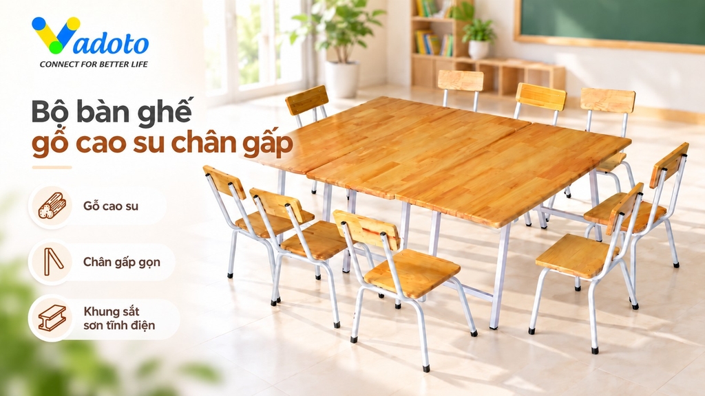 Bộ bàn ghế gỗ cao su chân gấp