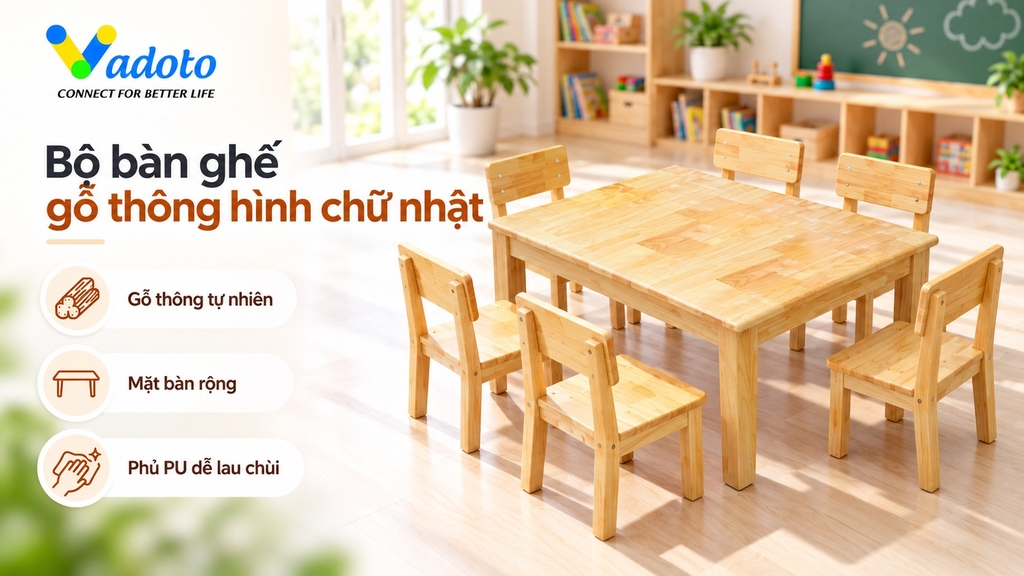 Bộ bàn ghế gỗ thông hình chữ nhất