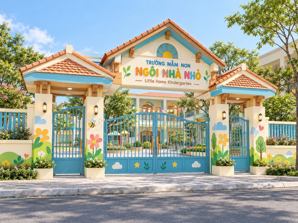 Mẫu thiết kế cổng trường mầm non hình ngôi nhà