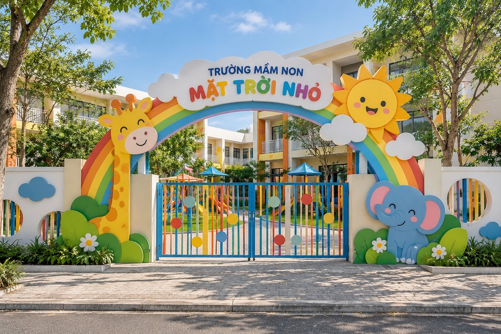 Mẫu cổng trường mầm non phong cách hoạt hình ngộ nghĩnh đáng yêu cho bé