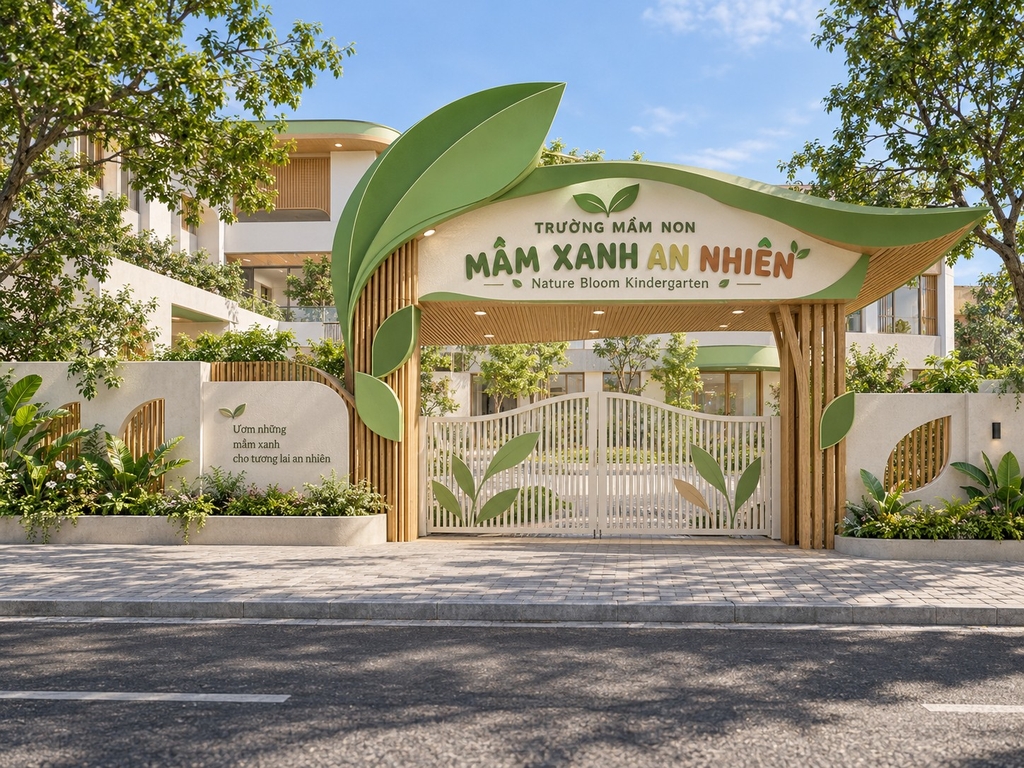 Mẫu cổng trường mầm non lấy cảm hứng từ thiên nhiên