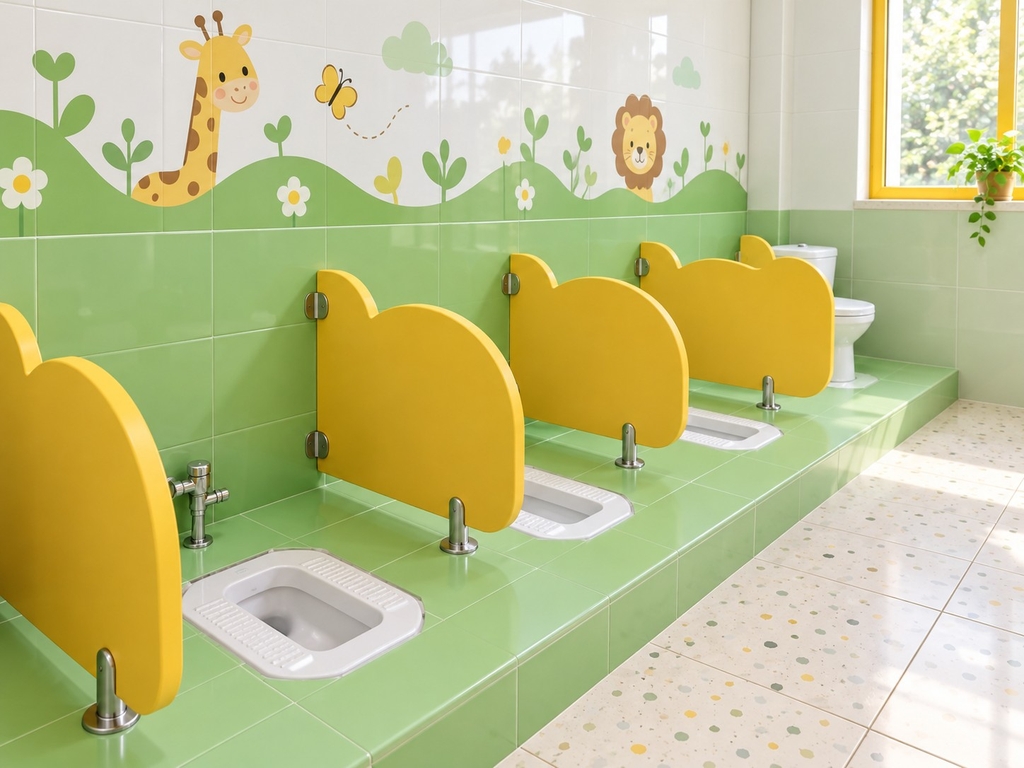 Mẫu nhà vệ sinh mầm non sử dụng bồn cầu xổm và vách ngăn thấp
