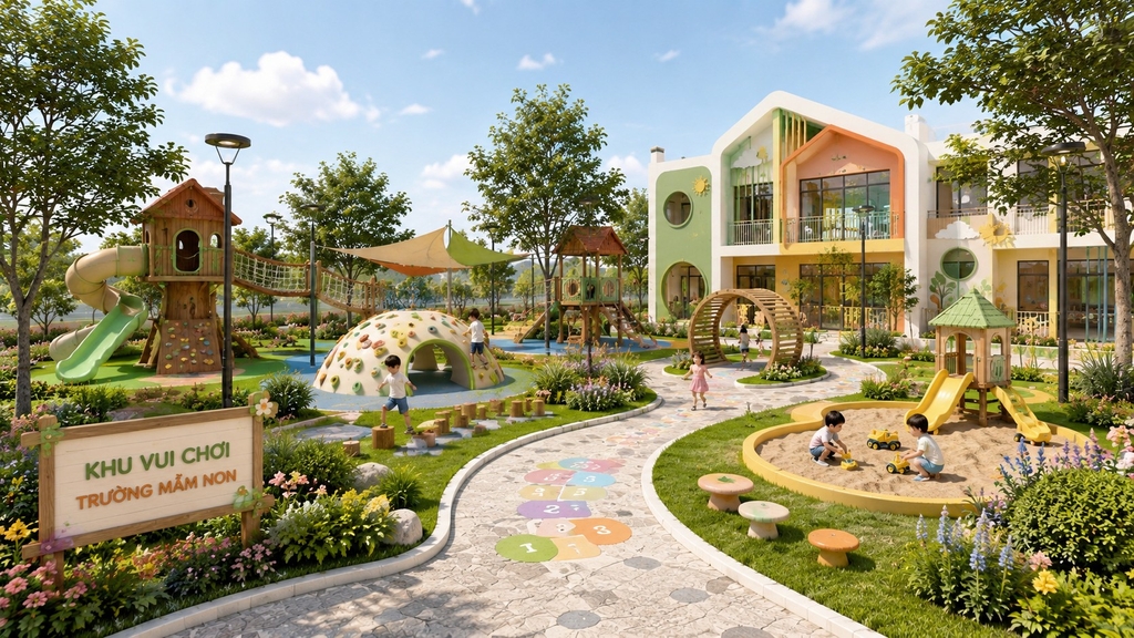 Khu vực vui chơi ngoài trời trường mầm non siêu đẹp