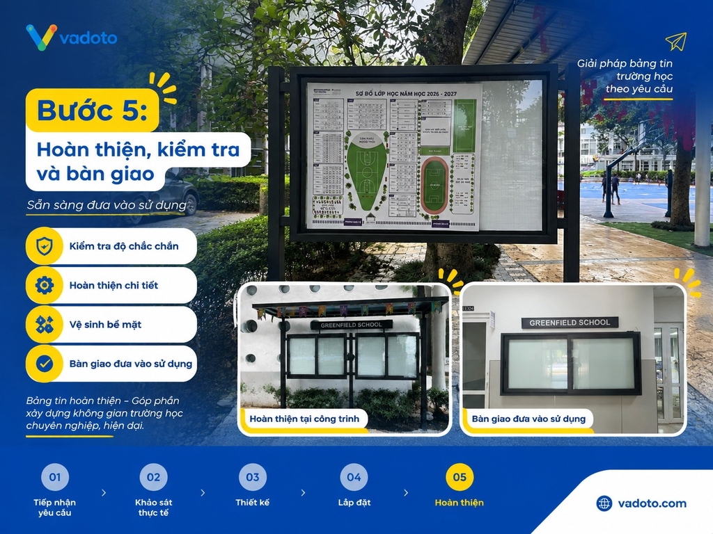 Vadoto kiểm tra, hoàn thiện và bàn giao bảng tin cho trường Greenfield School