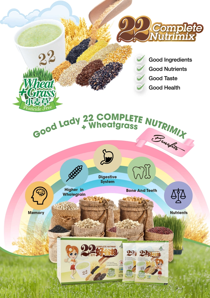 Bột ngũ cốc dinh dưỡng 22 Complete Nutrimix  - Wheat Grass (Mầm lúa mì) 625g - Hộp giấy