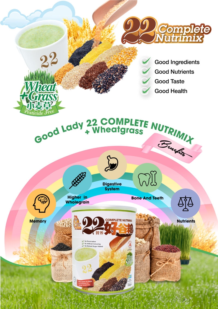 Bột ngũ cốc dinh dưỡng 22 Complete Nutrimix - Wheat Grass (Mầm lúa mì) 750g - Hộp thiếc