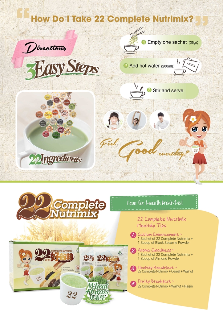 Bột ngũ cốc dinh dưỡng 22 Complete Nutrimix  - Wheat Grass (Mầm lúa mì) 625g - Hộp giấy
