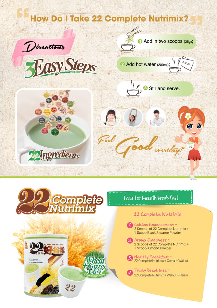 Bột ngũ cốc dinh dưỡng 22 Complete Nutrimix - Wheat Grass (Mầm lúa mì) 750g - Hộp thiếc