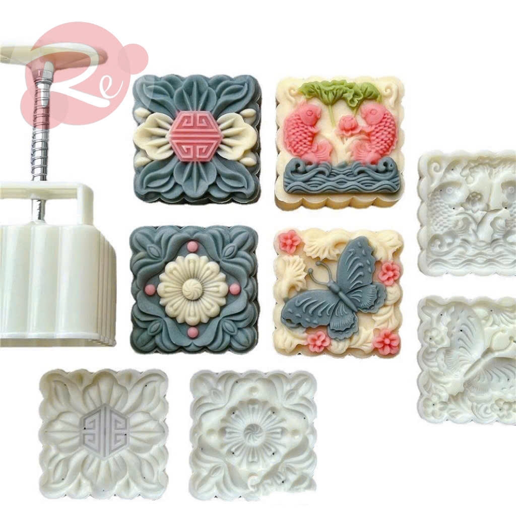{150GRAM} Khuôn ấn bánh trung thu - Bộ 4 hoa văn vuông - M2