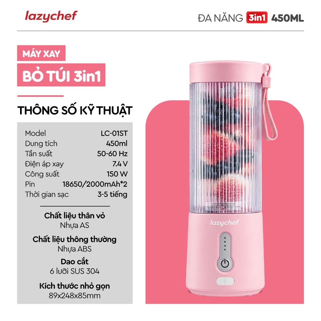 [PHIÊN BẢN MÀU HỒNG MỚI NHẤT] MÁY XAY TÍCH ĐIỆN ĐA NĂNG 3IN1 LAZYCHEF 450ML