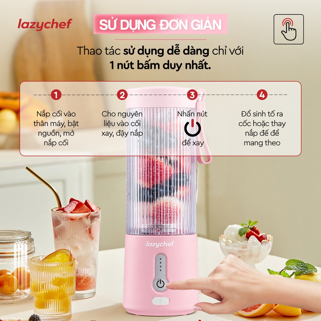 [PHIÊN BẢN MÀU HỒNG MỚI NHẤT] MÁY XAY TÍCH ĐIỆN ĐA NĂNG 3IN1 LAZYCHEF 450ML