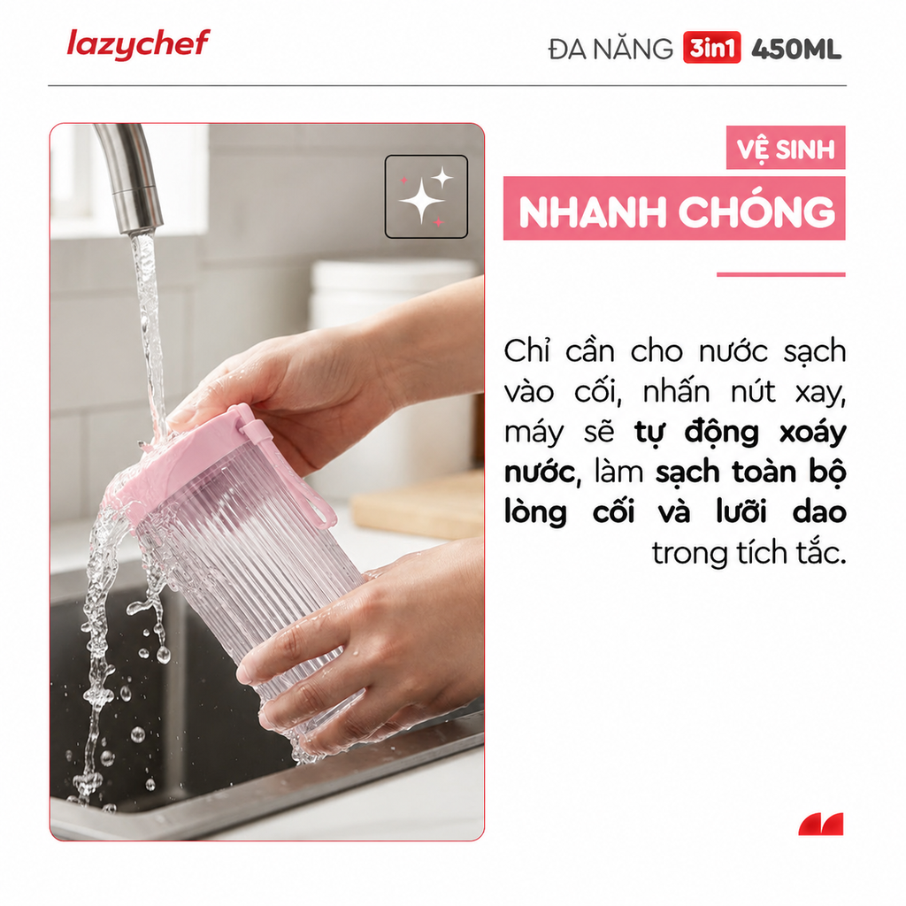 [PHIÊN BẢN MÀU HỒNG MỚI NHẤT] MÁY XAY TÍCH ĐIỆN ĐA NĂNG 3IN1 LAZYCHEF 450ML