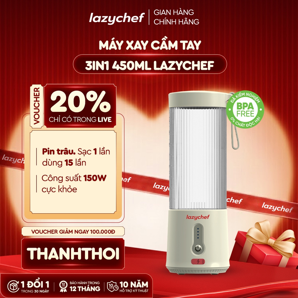 [PHIÊN BẢN MÀU KEM MỚI NHẤT] MÁY XAY TÍCH ĐIỆN ĐA NĂNG 3IN1 LAZYCHEF 450ML