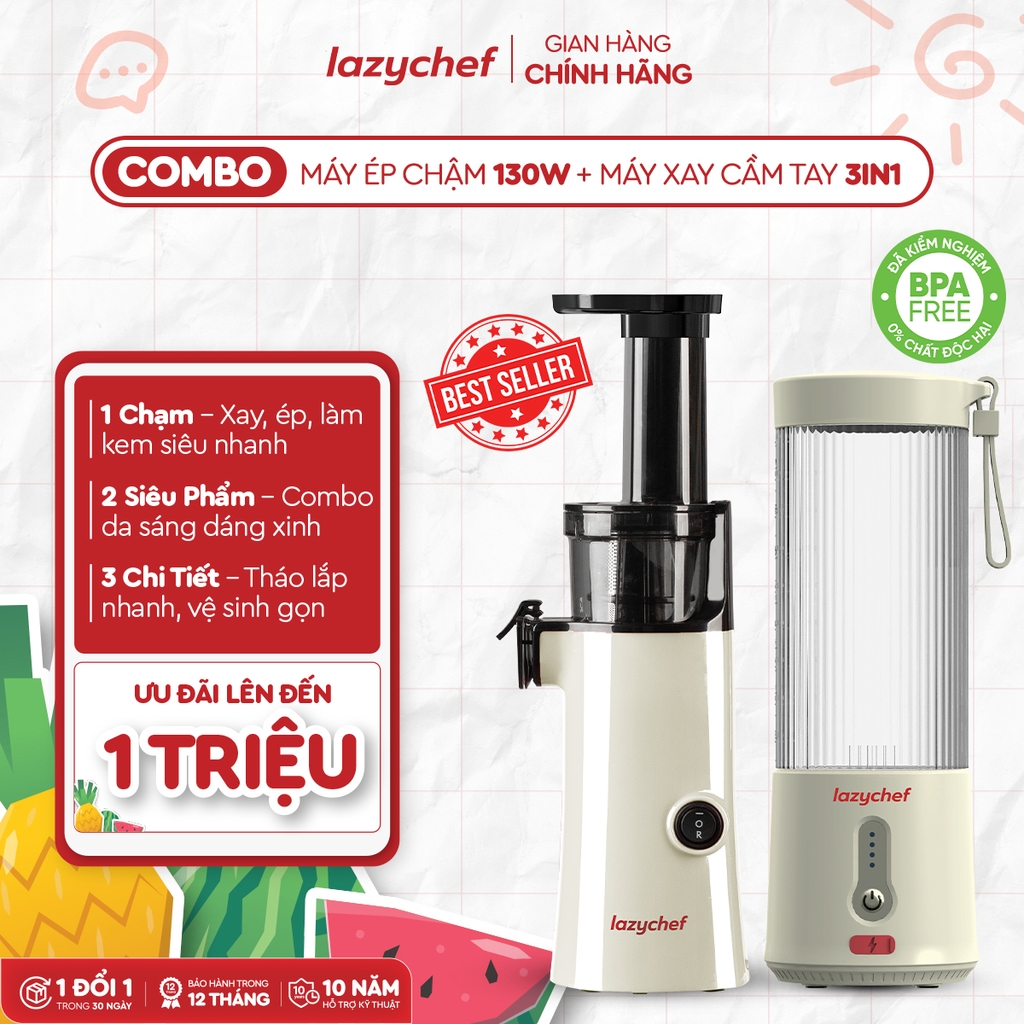 COMBO MÁY ÉP CHẬM MINI 3S 130W LAZYCHEF + MÁY XAY CẦM TAY ĐA NĂNG 3IN1 LAZYCHEF