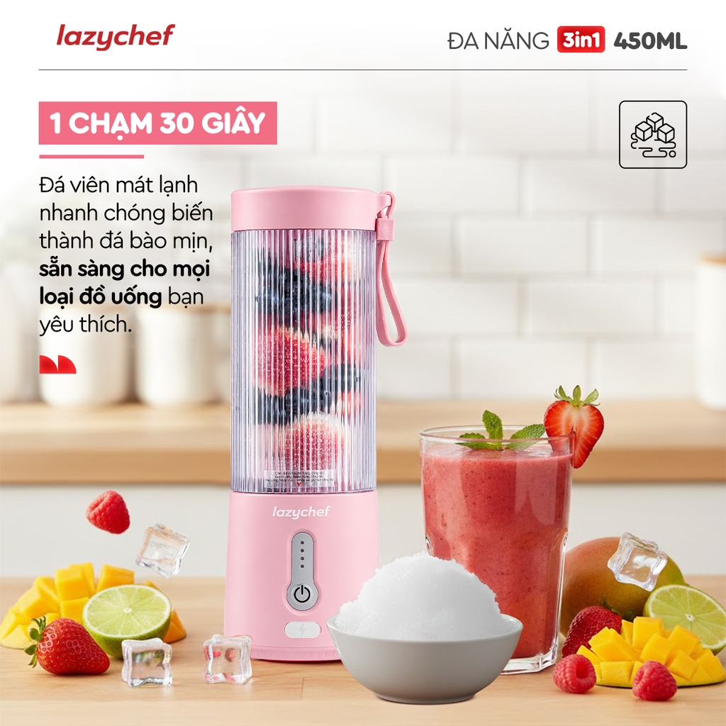 [PHIÊN BẢN MÀU HỒNG MỚI NHẤT] MÁY XAY TÍCH ĐIỆN ĐA NĂNG 3IN1 LAZYCHEF 450ML